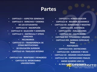 Partes
    •  CAPITULO I – ASPECTOS GENERALES             •    CAPITULO X. HOMOLOGACION
    •  CAPITULO II - DERECHOS Y DEBERES           • CAPITULO XI - REGIMEN ACADEMICO
         • DE LOS ESTUDIANTES                   • CAPITULO XII- ADMISIONES Y REGISTRO
       • CAPITULO III - INSCRIPCIÓN                   • CAPITULO XIII. ASISTENCIA
    • CAPITULO IV- SELECCIÓN Y ADMISIÓN             • CAPITULO XIV - EVALUACIONES
     • CAPITULO V – MATRICULA Y OTROS                • CAPITULO XV - CALIFICACIÓN
                   DERECHOS                      • CAPITULO XVI. TITULACIÓN Y GRADOS
             • PECUNIARIOS                        • CAPITULO XVII. NORMAS ESPECIALES
     • CAPITULO VI – TRANSFERENCIA DE                              PARA
             OTRAS INSTITUCIONES                            • POSTGRADO
        • DE EDUCACIÓN SUPERIOR                     • CAPITULO XVIII- DISTINCIONES
     • CAPITULO VII- TRASLADO INTERNO              • CAPITULO XIX– SUBSIDIOS Y BECAS
                                                • CAPITULO XX - RÉGIMEN DISCIPLINARIO
•       CAPITULO VIII - REINTEGRO Y REINGRESO   • CAPITULO XXI. DISPOSICIONES FINALES
          • CAPITULO IX. INTERCAMBIO                   • ANEXO NUMERO UNO (1)
                   UNIVERSITARIO.                   • AL REGLAMENTO ESTUDIANTIL
 