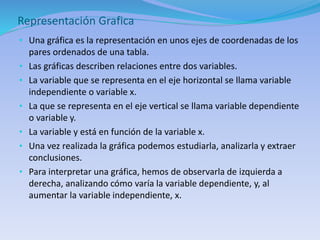 Representación Grafica
• Una gráfica es la representación en unos ejes de coordenadas de los
pares ordenados de una tabla.
• Las gráficas describen relaciones entre dos variables.
• La variable que se representa en el eje horizontal se llama variable
independiente o variable x.
• La que se representa en el eje vertical se llama variable dependiente
o variable y.
• La variable y está en función de la variable x.
• Una vez realizada la gráfica podemos estudiarla, analizarla y extraer
conclusiones.
• Para interpretar una gráfica, hemos de observarla de izquierda a
derecha, analizando cómo varía la variable dependiente, y, al
aumentar la variable independiente, x.
 