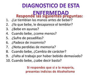 1. ¿Le tiemblan las manos antes de beber?
2. ¿Ya que bebe, le desaparece el temblor?
3. ¿Bebe en ayunas?
4. Cuando bebe, ¿come menos?
5. ¿Sufre de pesadillas?
6. ¿Padece de insomnio?
7. ¿Nota perdidas de memoria?
8. Cuando bebe, ¿Cambia de carácter?
9. ¿Falta al trabajo por haber bebido demasiado?
10. Cuando bebe, ¿sabe decir basta?
 