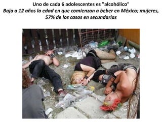 Uno de cada 6 adolescentes es "alcohólico"
Baja a 12 años la edad en que comienzan a beber en México; mujeres,
                   57% de los casos en secundarias
 