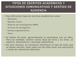 TIPOS DE ESCRITOS ACADÉMICOS Y 
SITUACIONES COMUNICATIVAS Y SENTIDO DE 
AUDIENCIA 
 Hay diferentes tipos de escritos académicos como: 
Resumen. 
Reseña cr í t ica. 
Repor te de investigación IMRD. 
Ar t ículo de divulgación. 
Ensayo argumentat ivo. 
Tesis. 
 Al hablar de texto, generalmente lo asociamos con un libro. 
Pero en realidad, existen varios tipos de texto y en ellos, un 
objetivo, destinatario y mensaje específicos. 
 De esta manera, es necesario identificar el tipo de texto que 
se desea escribir, pues cada uno de ellos tiene una estructura 
y modo de redactarse diferente. 
 