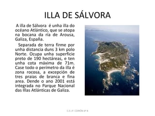 ILLA DE SÁLVORA
A illa de Sálvora é unha illa do
océano Atlántico, que se atopa
na bocana da ría de Arousa,
Galiza, España.
Separada de terra firme por
unha distancia duns 3 km polo
Norte. Ocupa unha superficie
preto de 190 hectáreas, e ten
unha cota máxima de 71m.
Case todo o perímetro da illa é
zona rocosa, a excepción de
tres praias de branca e fina
area. Dende o ano 2001 está
integrada no Parque Nacional
das Illas Atlánticas de Galiza.

C.E.I.P. COIRÓN 6º B

 