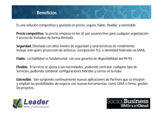Beneficios

Es una solución competitiva y ajustada en precio, segura, fiable, flexible y extensible.

Precio competitivo. Su precio empieza en los 3€ por usuario/mes para cualquier organización
Y acceso de invitados de forma ilimitada

Seguridad. Diseñada con altos niveles de seguridad y caracteristicas de rendimiento.
Incluye anti-spam, protección de antivirus, encriptación TLS, e identidad federada via SAML.

Fiable. La fiabilidad es fundamental, con una garantia de disponibilidad del 99.9%

Flexible. El servicio se ajusta a sus necesidades, pudiendo contratar cualquier tipo de
Servicios, pudiendo combinar configuraciones hibridas y correo en la nube.

Extensible. Van surgiendo continuamente nuevas aplicaciones de Partners que se integran
y amplian las posibilidades de negocio con nuevas herramientas, como CRM, e-firma, gestión
De proyetos…
 