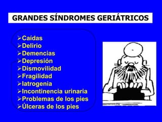 GRANDES SÍNDROMES GERIÁTRICOS

 Caídas
 Delirio
 Demencias
 Depresión
 Dismovilidad
 Fragilidad
 Iatrogenia
 Incontinencia urinaria
 Problemas de los pies
 Úlceras de los pies
 