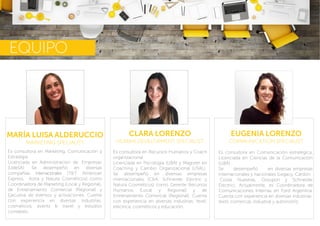 CLARA LORENZO
HUMAN DEVELOPMENT SPECIALIST
MARÍA LUISA ALDERUCCIO
MARKETING SPECIALIST
EUGENIA LORENZO
COMMUNICATION SPECIALIST
EQUIPO
Es consultora en Marketing, Comunicación y
Estrategia.
Licenciada en Administración de Empresas
(UdeSA). Se desempeñó en diversas
compañías internacionales (T&T American
Express, Xona y Natura Cosméticos) como
Coordinadora de Marketing (Local y Regional),
de Entrenamiento Comercial (Regional) y
Ejecutiva de eventos y activaciones. Cuenta
con experiencia en diversas industrias:
cosméticos, events & travel y estudios
contables.
Es consultora en Recursos Humanos y Coach
organizacional
Licenciada en Psicología (UBA) y Magister en
Coaching y Cambio Organizacional (USAL).
Se desempeñó en diversas empresas
internacionales (C&A, Schneider Electric y
Natura Cosméticos) como Gerente Recursos
Humanos (Local y Regional) y de
Entrenamiento Comercial (Regional). Cuenta
con experiencia en diversas industrias: textil,
eléctrica, cosméticos y educación.
Es consultora en Comunicación estratégica.
Licenciada en Ciencias de la Comunicación
(UBA).
Se desempeñó en diversas empresas
internacionales y nacionales (Legacy, Cardón
Cosas Nuestras, Groupon y Schneider
Electric). Actualmente, es Coordinadora de
Comunicaciones Internas en Ford Argentina.
Cuenta con experiencia en diversas industrias:
textil, comercial, industrial y automotriz.
 