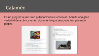 Calaméo
Es un programa que crea publicaciones interactivas. Admite una gran
variedad de archivos en un documento que se puede leer pasando
página.
 