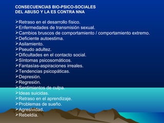 CONSECUENCIAS BIO-PSICO-SOCIALES
DEL ABUSO Y LA ES CONTRA NNA
Retraso en el desarrollo físico.
Enfermedades de transmisión sexual.
Cambios bruscos de comportamiento / comportamiento extremo.
Deficiente autoestima.
Asilamiento.
Pseudo adultez.
Dificultades en el contacto social.
Síntomas psicosomáticos.
Fantasías-aspiraciones irreales.
Tendencias psicopáticas.
Depresión.
Regresión.
Sentimientos de culpa.
Ideas suicidas.
Retraso en el aprendizaje.
Problemas de sueño.
Agresividad.
Rebeldía.
 