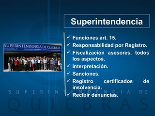 Funciones art. 15. Responsabilidad por Registro. Fiscalización asesores, todos los aspectos. Interpretación. Sanciones. Registro certificados de insolvencia. Recibir denuncias.  Superintendencia 
