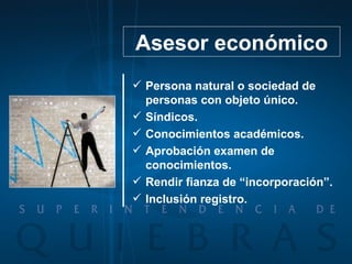 Persona natural o sociedad de personas con objeto único. Síndicos. Conocimientos académicos. Aprobación examen de conocimientos. Rendir fianza de “incorporación”. Inclusión registro. Asesor económico 