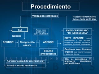 Procedimiento Designación asesor DEUDOR SQ Asesor no se puede negar salvo inhabilidad Acreditar calidad de beneficiario ley Acreditar estado insolvencia EMITE CERTIFICADO  “ DE INSOLVENCIA” Estudia antecedentes ASESOR Solicita Validación certificado Suspende determinados juicios hasta por 90 días EMITE INFORME:  sobre antecedentes y giro empresa, causas que producen insolvencia, posibilidad de cumplir obligaciones. Gestiones   ante diversos órganos  para obtener recursos o asistencia técnica. Cita a acreedores y promueve convenios extrajudiciales 