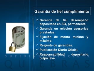 Garantía de fiel desempeño depositada en SQ, permanente. Garantía en relación asesorías prestadas. Fijación de monto mínimo y máximo. Reajuste de garantías. Publicación Diario Oficial. Responsabilidad depositario culpa leve. Garantía de fiel cumplimiento 