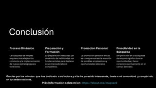 Conclusión
Proceso Dinámico
La búsqueda de empleo
requiere una adaptación
constante y la implementación
de nuevas estrategias para
tener éxito.
Preparación y
Formación
La preparación adecuada y el
desarrollo de habilidades son
fundamentales para destacar
en un mercado laboral
competitivo.
Promoción Personal
La promoción personal eficaz
es clave para atraer la atención
de posibles empleadores y
oportunidades laborales.
Proactividad en la
Búsqueda
Ser proactivo en la búsqueda
de empleo significa buscar
oportunidades y hacer
conexiones activamente en el
campo deseado.
Gracias por los minutos que has dedicado a su lectura y si te ha parecido interesante, únete a mi comunidad y compártelo
en tus redes sociales.
Más información sobre mí en https://about.me/mapverd
 