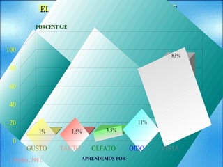 EL APRENDIZAJE A TRAVÉS DE LOS
SENTIDOS
EL APRENDIZAJE A TRAVÉS DE LOS
SENTIDOS
( Norbis, 1981: 15)
GUSTO TACTO OLFATO OIDO VISTA
APRENDEMOS POR
0
20
40
60
80
100
PORCENTAJE
1,5% 3,5%
11%
83%
1%
 