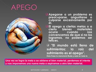 Apegarse a un problema es preocuparse, angustiarse o culparse excesivamente por él. El apego a ciertas metas o a cierto bienes materiales ocurre cuando nos convencemos de que si no los logramos, no podemos ser felices. 06/03/10 MOTIVACIÓN Y LIDERAZGO "El mundo está lleno de sufrimientos; la raíz del sufrimiento es el apego".  Esta frase la mencionó Buda y está en toda la razón . Una vez se logra la meta o se obtiene el bien material, perdemos el interés y nos imponemos una nueva meta o aspiramos a otro bien material. 