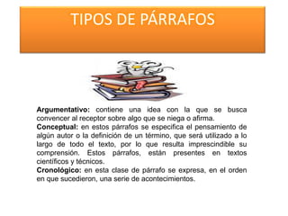 TIPOS DE PÁRRAFOS
Argumentativo: contiene una idea con la que se busca
convencer al receptor sobre algo que se niega o afirma.
Conceptual: en estos párrafos se especifica el pensamiento de
algún autor o la definición de un término, que será utilizado a lo
largo de todo el texto, por lo que resulta imprescindible su
comprensión. Estos párrafos, están presentes en textos
científicos y técnicos.
Cronológico: en esta clase de párrafo se expresa, en el orden
en que sucedieron, una serie de acontecimientos.