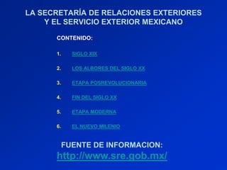 LA SECRETARÍA DE RELACIONES EXTERIORES
Y EL SERVICIO EXTERIOR MEXICANO
CONTENIDO:
1. SIGLO XIX
2. LOS ALBORES DEL SIGLO XX
3. ETAPA POSREVOLUCIONARIA
4. FIN DEL SIGLO XX
5. ETAPA MODERNA
6. EL NUEVO MILENIO
FUENTE DE INFORMACION:
http://www.sre.gob.mx/
 
