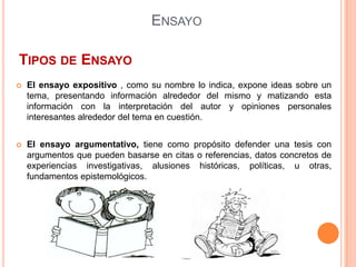El ensayo poético, expresa la sensibilidad de su autor, utilizando lenguaje literario. EnsayoTipos de EnsayoDentro de los ensayos más característicos, se encuentran los de corte literario (de hecho, es considerado como un género literario), donde cabrían los periodísticos y otros, de la misma categoría.