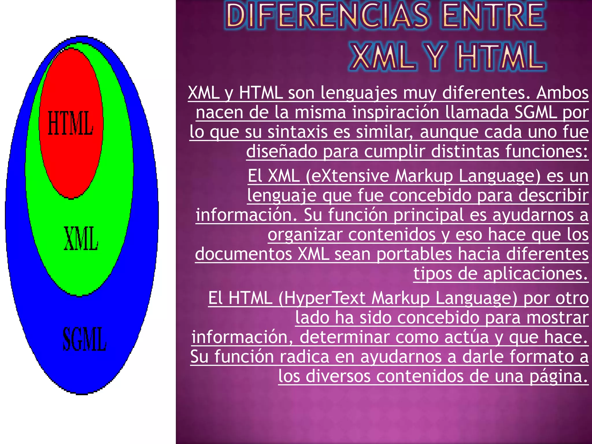 XML y HTML son lenguajes muy diferentes. Ambos
 nacen de la misma inspiración llamada SGML por
lo que su sintaxis es similar, aunque cada uno fue
        diseñado para cumplir distintas funciones:
        El XML (eXtensive Markup Language) es un
        lenguaje que fue concebido para describir
 información. Su función principal es ayudarnos a
           organizar contenidos y eso hace que los
 documentos XML sean portables hacia diferentes
                              tipos de aplicaciones.
   El HTML (HyperText Markup Language) por otro
              lado ha sido concebido para mostrar
información, determinar como actúa y que hace.
Su función radica en ayudarnos a darle formato a
            los diversos contenidos de una página.
 