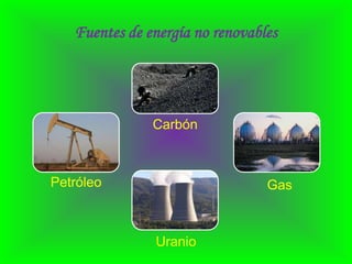 Fuentes de energía no renovables




               Carbón



Petróleo                         Gas



               Uranio
 