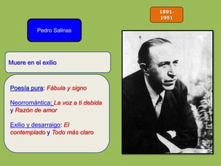 1891-
1951
Pedro Salinas
Poesía pura: Fábula y signo
Neorromántica: La voz a ti debida
y Razón de amor
Exilio y desarraigo: El
contemplado y Todo más claro
Muere en el exilio
 