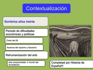 Contextualización
Sombríos años treinta
Periodo de dificultades
económicas y políticas
Crack del 29
Ascenso del nazismo y fascismo
Rehumanización del arte
Arte comprometido  triunfo del
Surrealismo
Completad por Historia de
España!!!
 