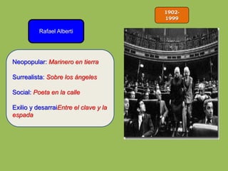 1902-
1999
Rafael Alberti
Neopopular: Marinero en tierra
Surrealista: Sobre los ángeles
Social: Poeta en la calle
Exilio y desarraiEntre el clave y la
espada
 