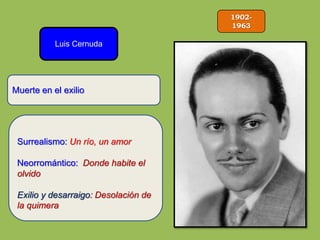 1902-
1963
Luis Cernuda
Surrealismo: Un río, un amor
Neorromántico: Donde habite el
olvido
Exilio y desarraigo: Desolación de
la quimera
Muerte en el exilio
 