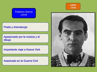 1898-
1936
Federico García
Lorca
Apasionado por la música y el
dibujo
Impactante viaje a Nueva York
Poeta y dramaturgo
Asesinado en la Guerra Civil
 