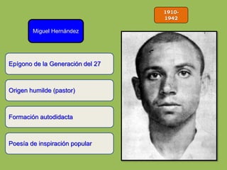 1910-
1942
Miguel Hernández
Origen humilde (pastor)
Formación autodidacta
Epígono de la Generación del 27
Poesía de inspiración popular
 