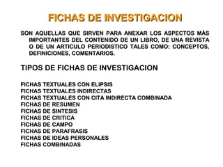 FICHAS DE INVESTIGACIONFICHAS DE INVESTIGACION
SON AQUELLAS QUE SIRVEN PARA ANEXAR LOS ASPECTOS MÁSSON AQUELLAS QUE SIRVEN PARA ANEXAR LOS ASPECTOS MÁS
IMPORTANTES DEL CONTENIDO DE UN LIBRO, DE UNA REVISTAIMPORTANTES DEL CONTENIDO DE UN LIBRO, DE UNA REVISTA
O DE UN ARTICULO PERIODISTICO TALES COMO: CONCEPTOS,O DE UN ARTICULO PERIODISTICO TALES COMO: CONCEPTOS,
DEFINICIONES, COMENTARIOS.DEFINICIONES, COMENTARIOS.
TIPOS DE FICHAS DE INVESTIGACION
FICHAS TEXTUALES CON ELIPSISFICHAS TEXTUALES CON ELIPSIS
FICHAS TEXTUALES INDIRECTAS
FICHAS TEXTUALES CON CITA INDIRECTA COMBINADAFICHAS TEXTUALES CON CITA INDIRECTA COMBINADA
FICHAS DE RESUMEN
FICHAS DE SINTESISFICHAS DE SINTESIS
FICHAS DE CRITICA
FICHAS DE CAMPOFICHAS DE CAMPO
FICHAS DE PARAFRASIS
FICHAS DE IDEAS PERSONALESFICHAS DE IDEAS PERSONALES
FICHAS COMBINADAS
 