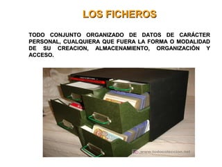 LOS FICHEROSLOS FICHEROS
TODO CONJUNTO ORGANIZADO DE DATOS DE CARÁCTERTODO CONJUNTO ORGANIZADO DE DATOS DE CARÁCTER
PERSONAL, CUALQUIERA QUE FUERA LA FORMA O MODALIDADPERSONAL, CUALQUIERA QUE FUERA LA FORMA O MODALIDAD
DE SU CREACION, ALMACENAMIENTO, ORGANIZACIÓN YDE SU CREACION, ALMACENAMIENTO, ORGANIZACIÓN Y
ACCESO.ACCESO.
 