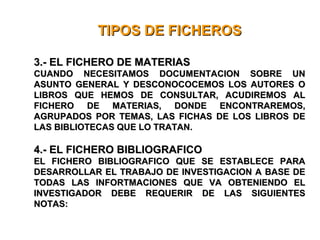 TIPOS DE FICHEROSTIPOS DE FICHEROS
3.- EL FICHERO DE MATERIAS3.- EL FICHERO DE MATERIAS
CUANDO NECESITAMOS DOCUMENTACION SOBRE UNCUANDO NECESITAMOS DOCUMENTACION SOBRE UN
ASUNTO GENERAL Y DESCONOCOCEMOS LOS AUTORES OASUNTO GENERAL Y DESCONOCOCEMOS LOS AUTORES O
LIBROS QUE HEMOS DE CONSULTAR, ACUDIREMOS ALLIBROS QUE HEMOS DE CONSULTAR, ACUDIREMOS AL
FICHERO DE MATERIAS, DONDE ENCONTRAREMOS,FICHERO DE MATERIAS, DONDE ENCONTRAREMOS,
AGRUPADOS POR TEMAS, LAS FICHAS DE LOS LIBROS DEAGRUPADOS POR TEMAS, LAS FICHAS DE LOS LIBROS DE
LAS BIBLIOTECAS QUE LO TRATAN.LAS BIBLIOTECAS QUE LO TRATAN.
4.- EL FICHERO BIBLIOGRAFICO4.- EL FICHERO BIBLIOGRAFICO
EL FICHERO BIBLIOGRAFICO QUE SE ESTABLECE PARAEL FICHERO BIBLIOGRAFICO QUE SE ESTABLECE PARA
DESARROLLAR EL TRABAJO DE INVESTIGACION A BASE DEDESARROLLAR EL TRABAJO DE INVESTIGACION A BASE DE
TODAS LAS INFORTMACIONES QUE VA OBTENIENDO ELTODAS LAS INFORTMACIONES QUE VA OBTENIENDO EL
INVESTIGADOR DEBE REQUERIR DE LAS SIGUIENTESINVESTIGADOR DEBE REQUERIR DE LAS SIGUIENTES
NOTAS:NOTAS:
 