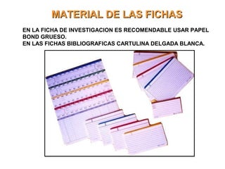 MATERIAL DE LAS FICHASMATERIAL DE LAS FICHAS
EN LA FICHA DE INVESTIGACION ES RECOMENDABLE USAR PAPEL
BOND GRUESO.
EN LAS FICHAS BIBLIOGRAFICAS CARTULINA DELGADA BLANCA.
 