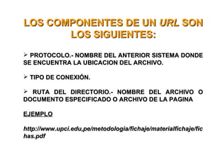 LOS COMPONENTES DE UNLOS COMPONENTES DE UN URLURL SONSON
LOS SIGUIENTES:LOS SIGUIENTES:
 PROTOCOLO.- NOMBRE DEL ANTERIOR SISTEMA DONDEPROTOCOLO.- NOMBRE DEL ANTERIOR SISTEMA DONDE
SE ENCUENTRA LA UBICACION DEL ARCHIVO.SE ENCUENTRA LA UBICACION DEL ARCHIVO.
 TIPO DE CONEXIÓN.TIPO DE CONEXIÓN.
 RUTA DEL DIRECTORIO.- NOMBRE DEL ARCHIVO ORUTA DEL DIRECTORIO.- NOMBRE DEL ARCHIVO O
DOCUMENTO ESPECIFICADO O ARCHIVO DE LA PAGINADOCUMENTO ESPECIFICADO O ARCHIVO DE LA PAGINA
EJEMPLOEJEMPLO
http://www.upci.edu,pe/metodologia/fichaje/materialfichaje/fichttp://www.upci.edu,pe/metodologia/fichaje/materialfichaje/fic
has.pdfhas.pdf
 