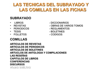COMILLAS
ARTICULOS DE REVISTASARTICULOS DE REVISTAS
ARTICULOS DE PERIODICOSARTICULOS DE PERIODICOS
ARTICULOS DE BOLETINESARTICULOS DE BOLETINES
ARTUCLOS DE ANTOLOGIA Y COMPILACIONESARTUCLOS DE ANTOLOGIA Y COMPILACIONES
LAS RESEÑASLAS RESEÑAS
CAPITULOS DE LIBROSCAPITULOS DE LIBROS
CONFERENCIASCONFERENCIAS
DISCURSOSDISCURSOS
HOJAS SUELTASHOJAS SUELTAS
LAS TECNICAS DEL SUBRAYADO YLAS TECNICAS DEL SUBRAYADO Y
LAS COMILLAS EN LAS FICHASLAS COMILLAS EN LAS FICHAS
SUBRAYADO
• LIBROSLIBROS - DICCIONARIOS- DICCIONARIOS
• REVISTASREVISTAS - OBRAS DE VARIOS TOMOS- OBRAS DE VARIOS TOMOS
• PERIODICOSPERIODICOS - REGLAMENTOS- REGLAMENTOS
• TESISTESIS - BOLETINES- BOLETINES
• FOLLETOSFOLLETOS - CODIGOS- CODIGOS
 