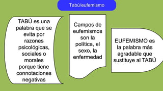 Tabú/eufemismo
TABÚ es una
palabra que se
evita por
razones
psicológicas,
sociales o
morales
porque tiene
connotaciones
negativas
EUFEMISMO es
la palabra más
agradable que
sustituye al TABÚ
Campos de
eufemismos
son la
política, el
sexo, la
enfermedad
 