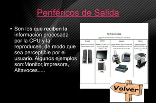 Periféricos de Salida
● Son los que reciben la
información procesada
por la CPU y la
reproducen, de modo que
sea perceptible por el
usuario. Algunos ejemplos
son:Monitor,Impresora,
Altavoces.....
 