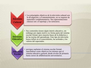 • Los principales objetivos de la televisión cultural son
               la divulgación y el entretenimiento, no se requiere de
Televisión     materiales complementarios. Sus representaciones
 Cultural      clásicas son: el reportaje y los noticieros.



             • Sus contenidos tienen algún interés educativo, sin
               embargo por algún motivo no forma parte del sistema
               escolar formal, pero muestra bases de la didáctica y
Televisión     de las teorías del aprendizaje. Este tipo de televisión
Educativa      busca influir en el conocimiento, las actitudes y los
               valores del espectador.


             • persigue suplantar al sistema escolar formal,
Televisión     marcándose como objetivos los mismos que el
 Escolar       sistema educativo general, desde niveles de primaria
               hasta cursos de alfabetización universitarios.
 