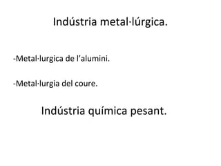 Indústria metal·lúrgica.
-Metal·lurgica de l’alumini.
-Metal·lurgia del coure.
Indústria química pesant.
 