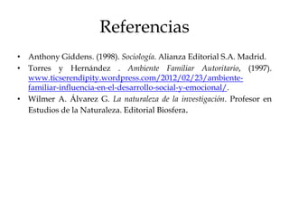 Referencias
• Anthony Giddens. (1998). Sociología. Alianza Editorial S.A. Madrid.
• Torres y Hernández . Ambiente Familiar Autoritario, (1997).
www.ticserendipity.wordpress.com/2012/02/23/ambiente-
familiar-influencia-en-el-desarrollo-social-y-emocional/.
• Wilmer A. Álvarez G. La naturaleza de la investigación. Profesor en
Estudios de la Naturaleza. Editorial Biosfera.
 