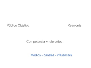 Público Objetivo                             Keywords




              Competencia = referentes



                   Medios - canales - inﬂuencers
 