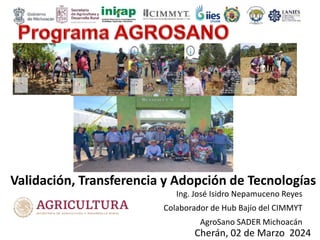 Cherán, 02 de Marzo 2024
Ing. José Isidro Nepamuceno Reyes
Colaborador de Hub Bajío del CIMMYT
AgroSano SADER Michoacán
Validación, Transferencia y Adopción de Tecnologías
 