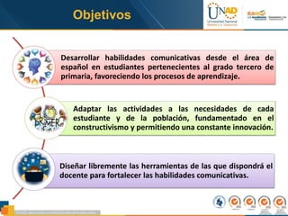 Objetivos
Desarrollar habilidades comunicativas desde el área de
español en estudiantes pertenecientes al grado tercero de
primaria, favoreciendo los procesos de aprendizaje.
Adaptar las actividades a las necesidades de cada
estudiante y de la población, fundamentado en el
constructivismo y permitiendo una constante innovación.
Diseñar libremente las herramientas de las que dispondrá el
docente para fortalecer las habilidades comunicativas.
 