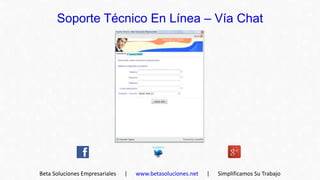 Soporte Técnico En Línea – Vía Chat




Beta Soluciones Empresariales   |   www.betasoluciones.net   |   Simplificamos Su Trabajo
 