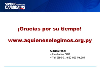 Consultas:
• Fundación CIRD
• Tel. (595-21) 662-063 int.204
¡Gracias por su tiempo!
www.aquieneselegimos.org.py
 