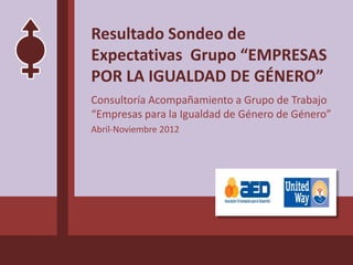 Resultado Sondeo de
Expectativas Grupo “EMPRESAS
POR LA IGUALDAD DE GÉNERO”
Consultoría Acompañamiento a Grupo de Trabajo
“Empresas para la Igualdad de Género de Género”
Abril-Noviembre 2012
 