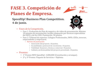 FASE 3. Competición de
Planes de Empresa.
SpeedUp! Business Plan Competition.
4 de junio.
  – Fases de la Competición.
      • Fase 1: Evaluación de Plan de negocio y de video de presentación. Máximo
        10 minutos de presentación. Jurado compuesto por técnicos especialistas
        del INFO y de los CEEI. Puntuación: 50 puntos.
      • Fase 2: Tribunal de expertos: Colegios Profesionales, INFO, CEEIs, inversor,
        emprendedor y empresario.
           – Baremo de puntuación:
               » Innovación del proyecto. 10 puntos.
               » Escalabilidad y potencial de crecimiento. 10 puntos.
               » Viabilidad: financiera, técnica y comercial. 10 puntos.
               » Calidad y profesionalidad del proyecto presentado. 10 puntos.
  – Premios:
      • 1º Premio INFO SpeedUp!: 3.000,00€ (Constitución y arranque).
      • 2º y 3º Premio: Paquete de Servicios + Diploma.
 