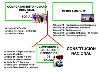 CONSTITUCION NACIONAL MEDIO AMBIENTE Artículo 78 - Producción comercialización Artículo 49 - Saneamiento ambiental Artículo 79 - Ambiente sano Artículo 80 - Deterioro ambiental - R. Naturales Artículo 366 - Servicios públicos COMPORTAMIENTO HUMANO INDIVIDUAL Y SOCIAL Artículo 42 - Familia Artículo 43 - Mujer - embarazo Artículo 44 - Niños COMPONENTE BIOLOGICO Y SERVICIOS DE SALUD Artículo 48 - Seguridad Social Artículo 49 - Salud Artículo 50 - Niños < 1 año Artículo 54 - Minusválidos Artículo 64 - T. Agrarios Artículo 356 - Situación fiscal Artículo 366 - Servicios públicos 