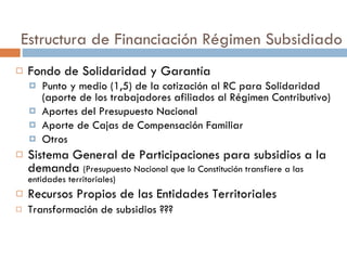 Estructura de Financiación Régimen Subsidiado Fondo de Solidaridad y Garantía Punto y medio (1,5) de la cotización al RC para Solidaridad (aporte de los trabajadores afiliados al Régimen Contributivo) Aportes del Presupuesto Nacional Aporte de Cajas de Compensación Familiar Otros Sistema General de Participaciones para subsidios a la demanda  (Presupuesto Nacional que la Constitución transfiere a las entidades territoriales) Recursos Propios de las Entidades Territoriales Transformación de subsidios ??? 