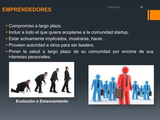 EMPRENDEDORES

10

 Compromiso a largo plazo.
 Incluir a todo el que quiera acoplarse a la comunidad startup.
 Estar activamente implicados, mostrarse, hacer…
 Proveen autoridad a otros para ser leaders.
 Poner la salud a largo plazo de su comunidad por encima de sus
intereses personales.

Evolución o Estancamiento

 